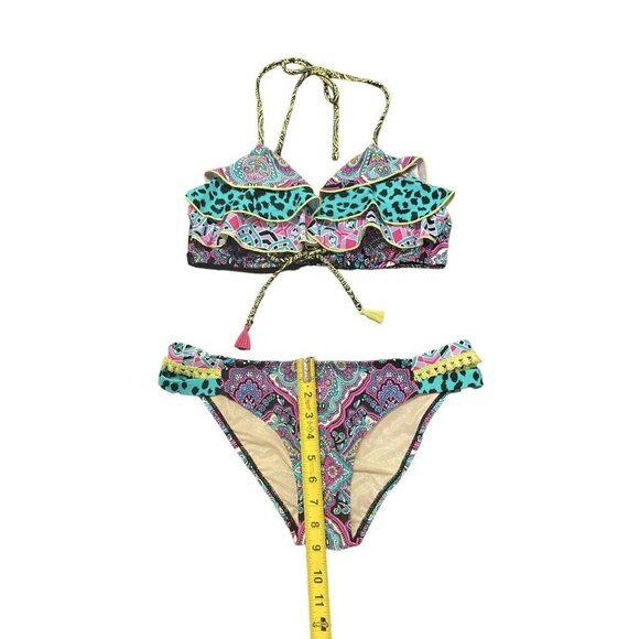 Betsey Johnson $118 Bikini Swimsuit Neon Mixed Animal Print Paisley Size Large - Picture 5 of 9